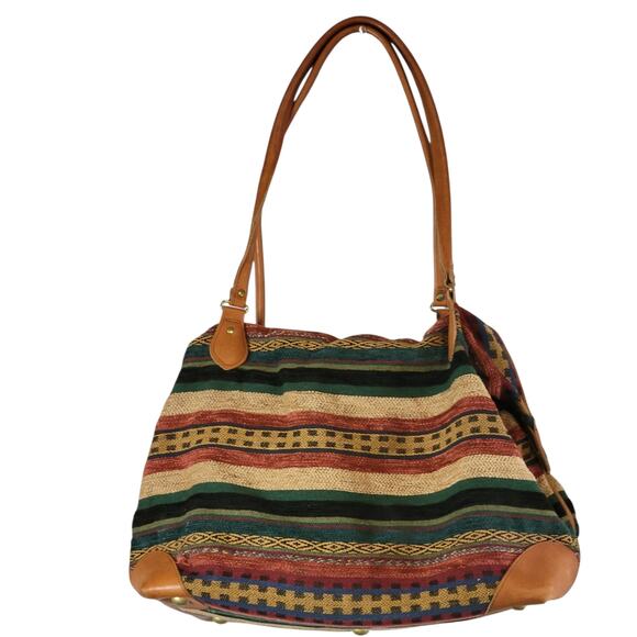 Vtg. LL Bean Traveler Tweed & Leather Carpet Tote Bag Large Carryon Weekender - Picture 1 of 13